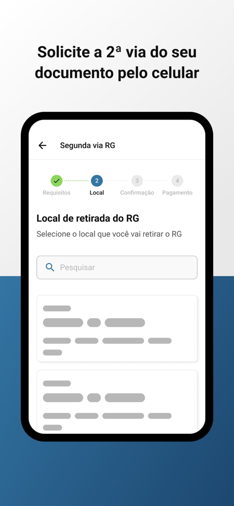 Screenshot of the RG Digital SP app showing the process to request a duplicate ID card and select a pickup location