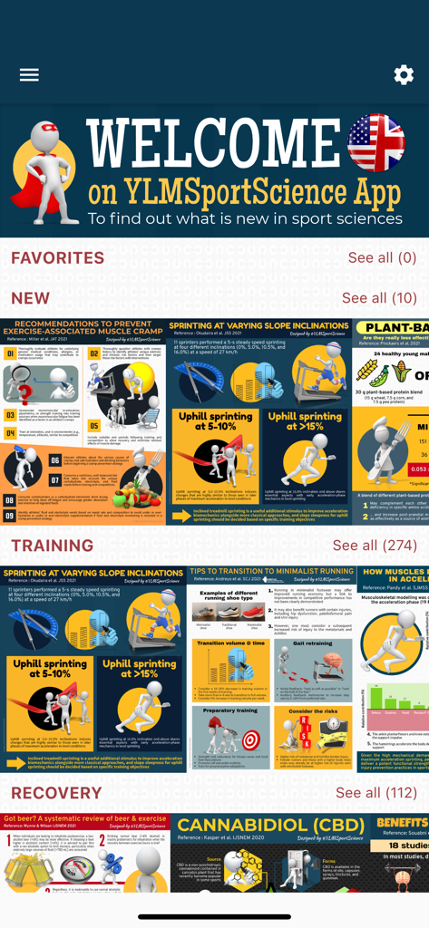 YLMSportScience - YLMSportScience app home screen showing sports research infographics