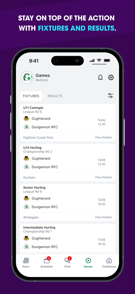 ClubZap - Mobile phone displaying upcoming sports fixtures and match details on the ClubZap app.