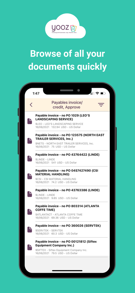 YoozMobile Rising - A smartphone displaying the YoozMobile Rising app screen with a list of payable invoices and credit notes ready for review and approval.