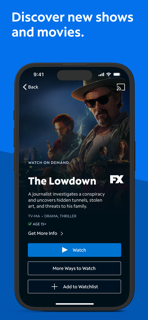Spectrum TV - Pantalla de iPhone mostrando la aplicación Spectrum TV con detalles de programas a la carta con botones de ver y lista de seguimiento