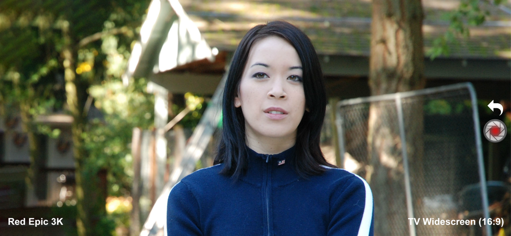 Mirino del regista dell'app Shot Designer che mostra la simulazione di una telecamera Red Epic 3K e il formato widescreen