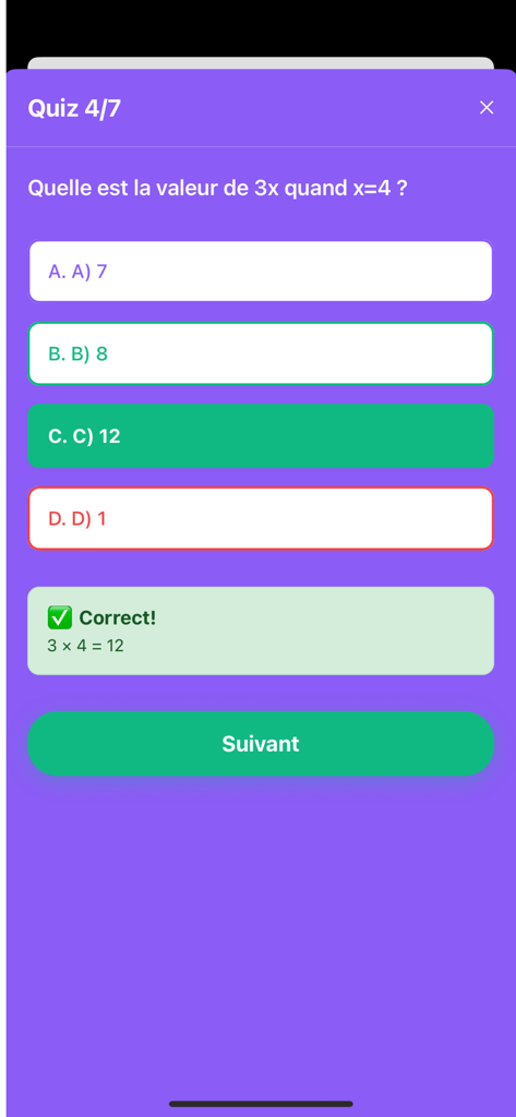Tutori - Tutori mobile app interface showing a math quiz with a correct answer and explanation