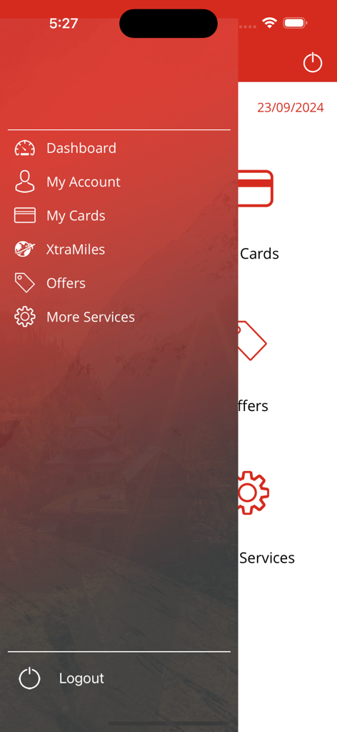 Menú de navegación lateral de la aplicación AfrAsia Cards que muestra opciones para el panel de control de gestión de cuentas y tarjetas.