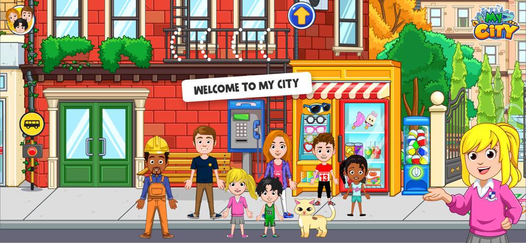 A group of diverse game characters standing on a city street in front of shops and houses in the My City Home app