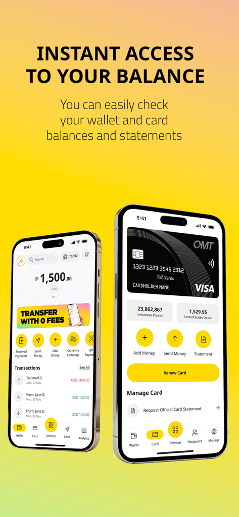 OMT Pay - OMT Pay mobile app interface showing wallet balances in USD and Lebanese Pound alongside Visa card management