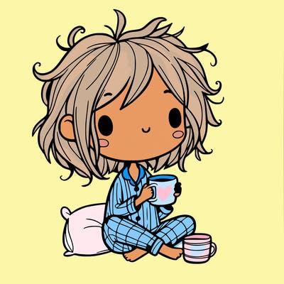 realistic girl with messy hair wearing pjs drinking coffee