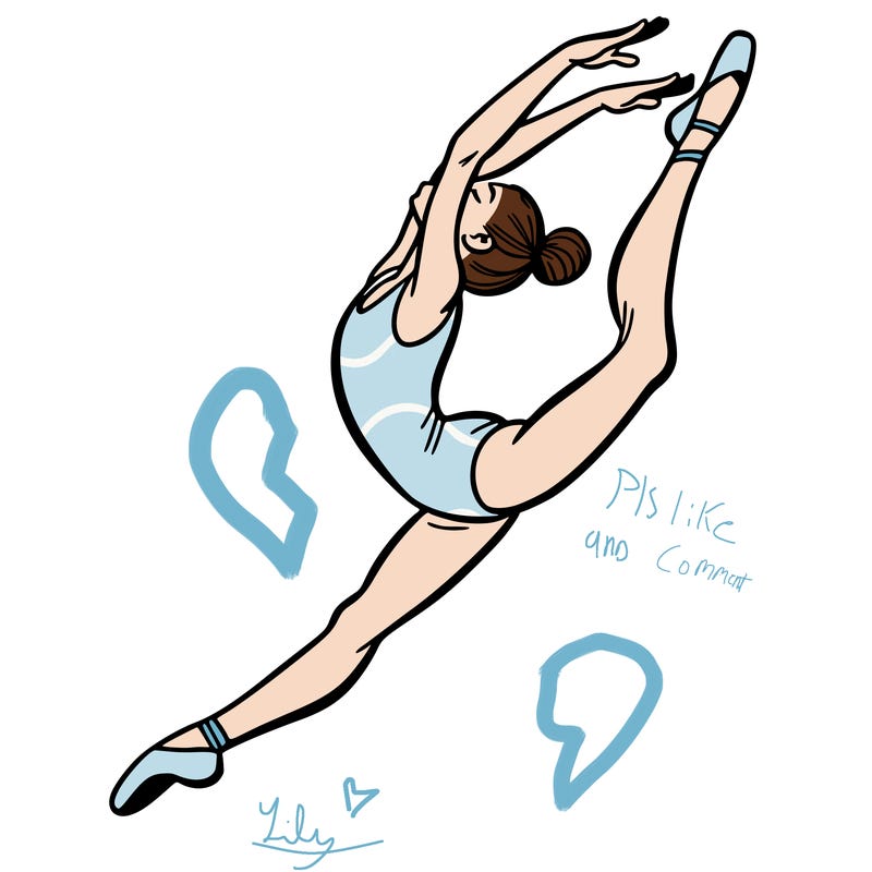 gymnast doing a leap in a leotard with a bent back leg