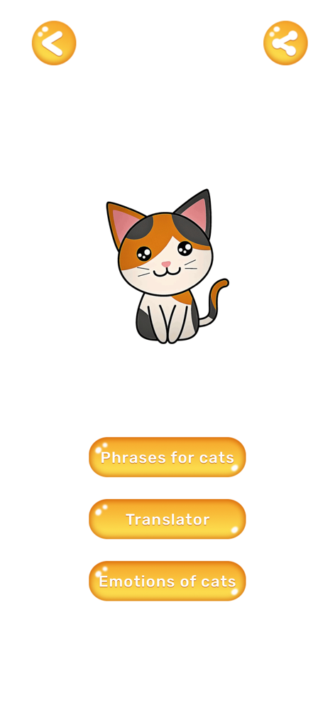Cat Translator: Cat to Human - Main menu of the Cat Translator app featuring a cute cartoon cat and buttons for phrases, translation, and cat emotions