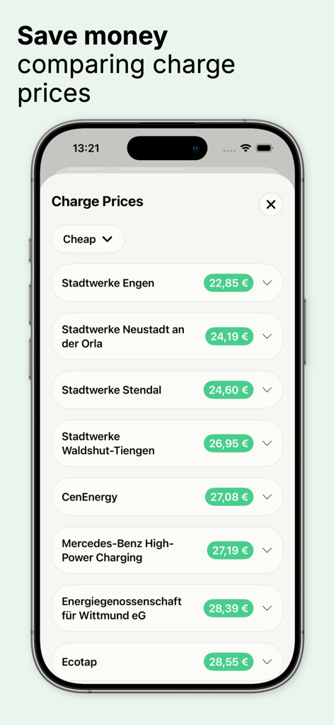 StromNow EV Charging Map - Pantalla de iPhone mostrando una lista de precios de carga de vehículos eléctricos de diferentes proveedores para ayudar a los usuarios a ahorrar dinero