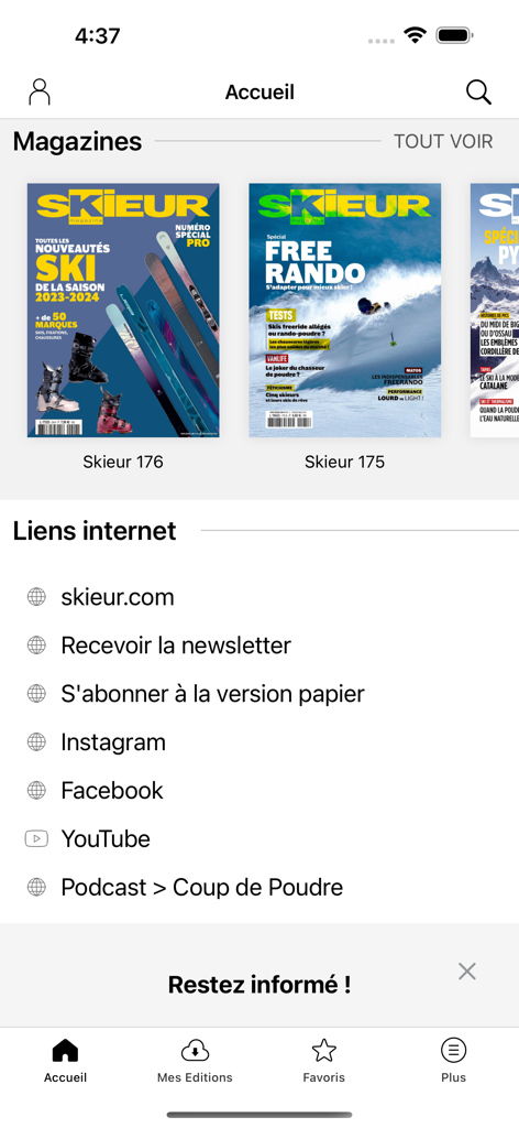 Screenshot of the Skieur Mag app home screen featuring ski magazine editions and external links