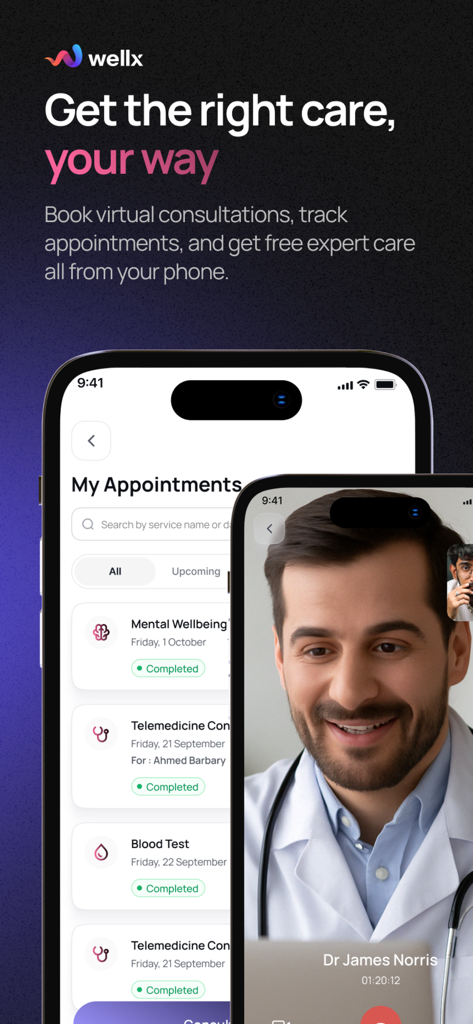 Wellx.ai - Smartphone screen showing the Wellx app virtual care feature with a doctor video call and appointment tracking