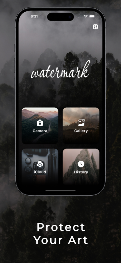 Watermark Maker・Text On Photo - Home screen of Watermark Maker app showing menu options for camera and gallery under the slogan Protect Your Art.