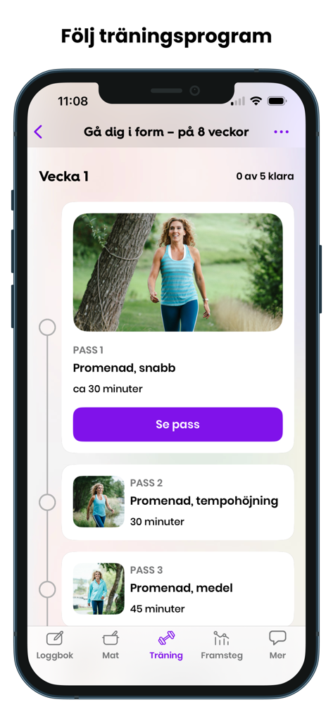 Wellobe - Smartphone screen displaying the Wellobe health app with an 8-week walking training program schedule.