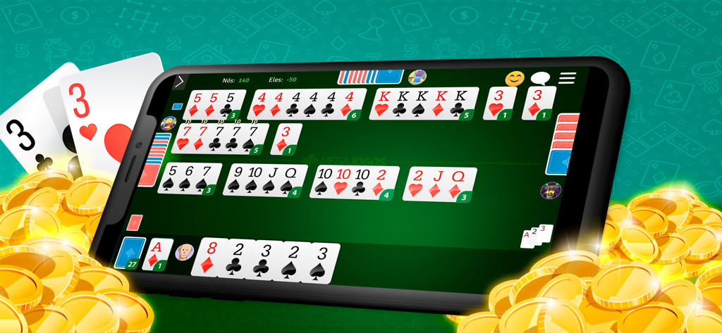 Tranca - Jogo de Cartas - Jogabilidade do jogo de cartas Tranca em um smartphone cercado por moedas de ouro