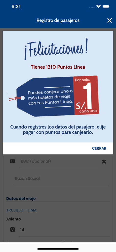 Congratulations message in the Linea app showing loyalty points balance and ticket redemption offer