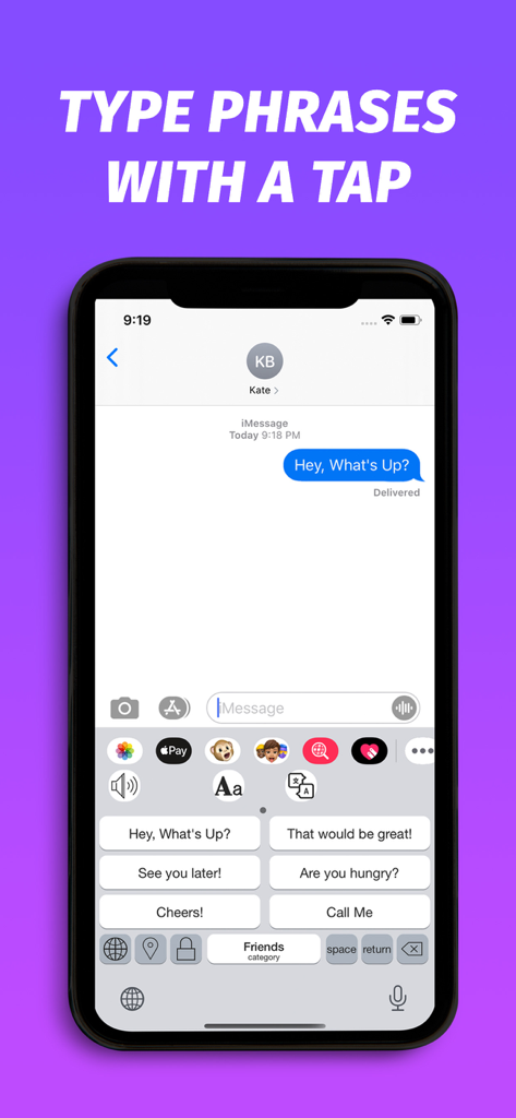 Phraseboard Keyboard - Phraseboard custom keyboard interface displaying quick reply phrase buttons for fast messaging in an iMessage chat