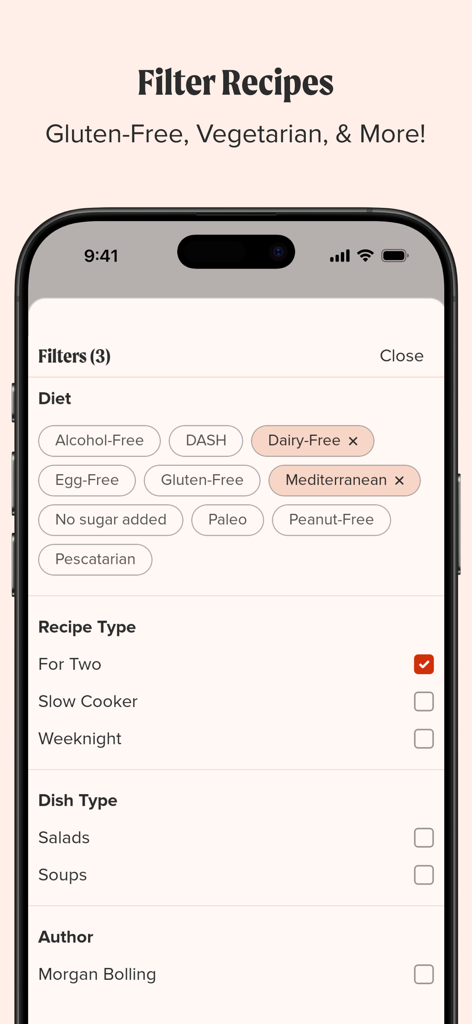 America's Test Kitchen - America's Test Kitchen app interface showing recipe filtering options for diet, recipe type, and dish type.