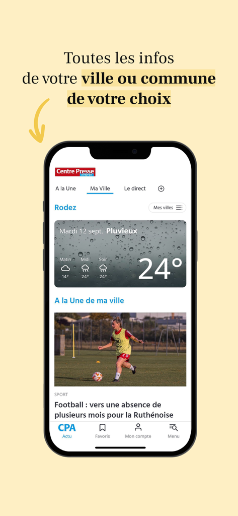 Interface de l'application Centre Presse Aveyron affichant les actualités locales et la météo pour la ville de Rodez.