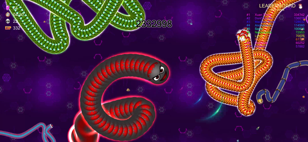 Colorful patterned snakes and a leaderboard in a purple battle arena in Worm.io