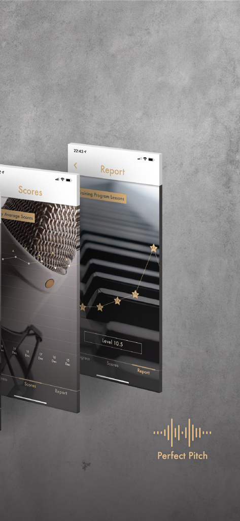 Captures d'écran de l'application Perfect Pitch affichant les scores de chant et les rapports de progression de l'entraînement vocal