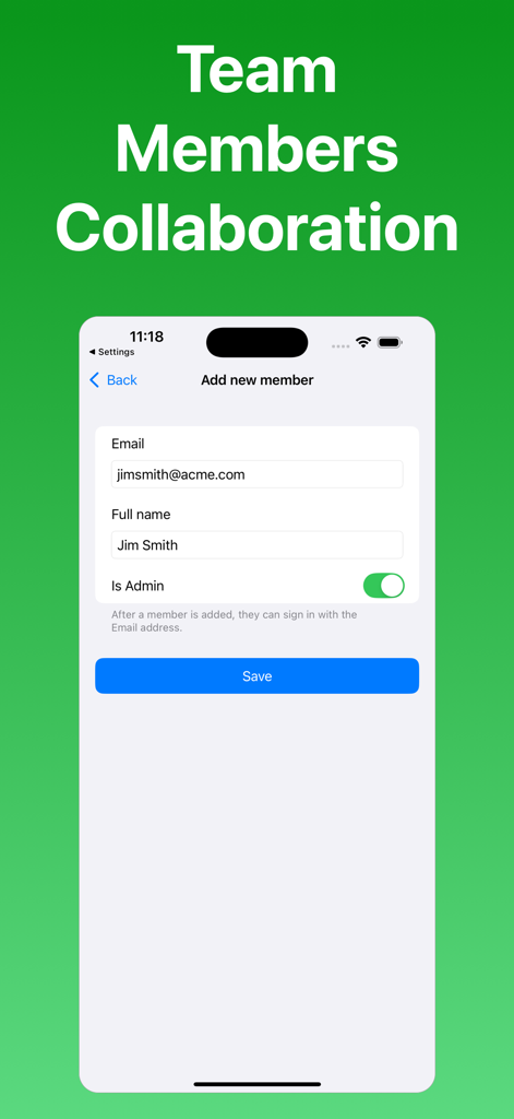 Receipt Scanner by Zeple AI - Formulario para agregar un nuevo miembro del equipo con correo electrónico y configuraciones de administrador en la aplicación escáner de recibos Zeple AI