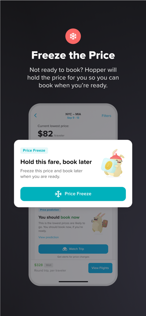 A mobile screenshot of the Hopper app showing the Price Freeze feature which allows users to hold a flight fare and book later.