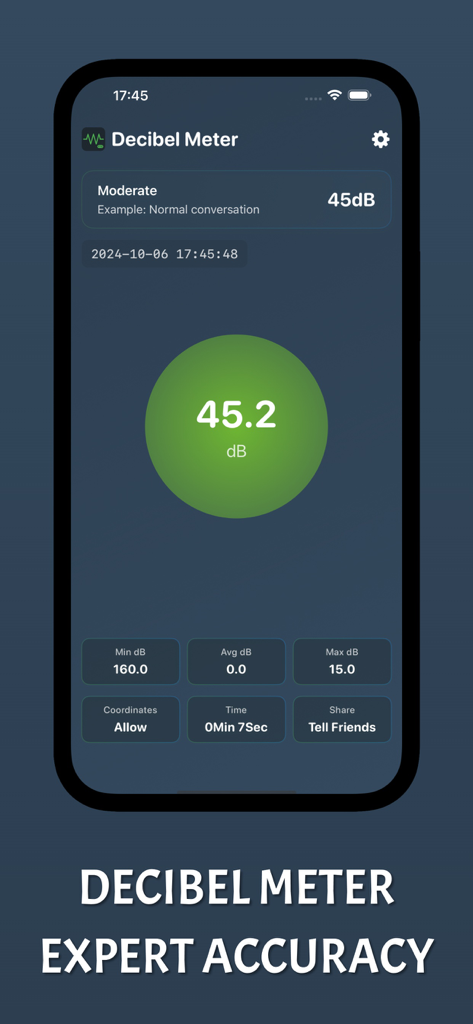 Decibel Meter: Expert Accuracy - Interface of the Decibel Meter app showing a noise level of 45.2 decibels with environmental comparison