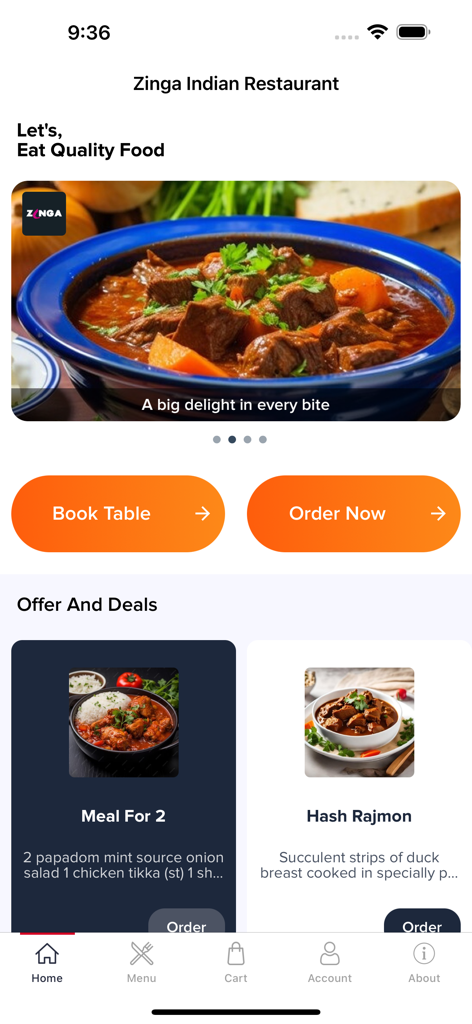 Écran d'accueil de l'application mobile Zinga Indian Restaurant présentant les promotions et les boutons de commande