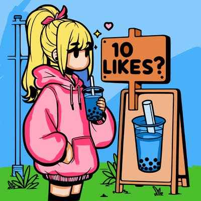 girl with oversized hoodie drinking boba and she has a high ponytail with a sign that says 10likes?