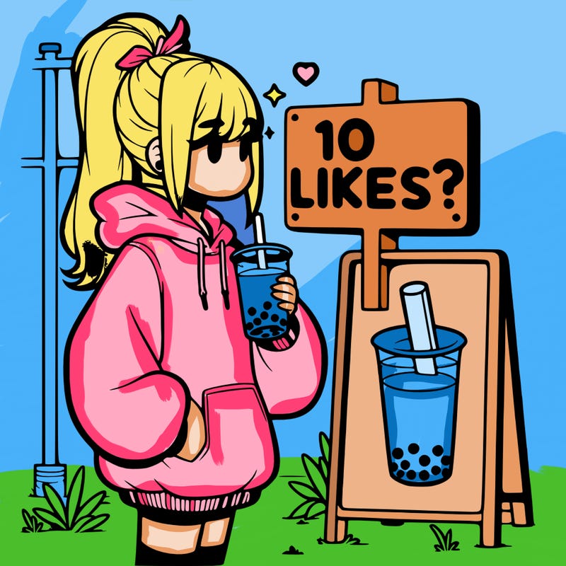 girl with oversized hoodie drinking boba and she has a high ponytail with a sign that says 10likes?