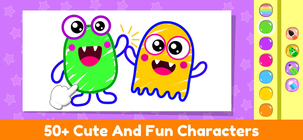 Coloring Games for Kids, Baby. - Interactive coloring game screen with two cute monster characters and a color palette