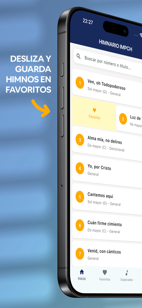 Himnario Digital IMPCH - Official Himnario Digital IMPCH app interface showing a list of hymns and how to add them to favorites