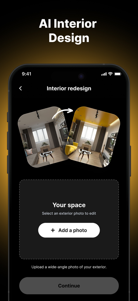 AI Home Planner – Design App - Interfaz de la aplicación Planificador Hogar IA para rediseño de interiores mostrando ejemplos de transformación de habitaciones y un botón para cargar fotos