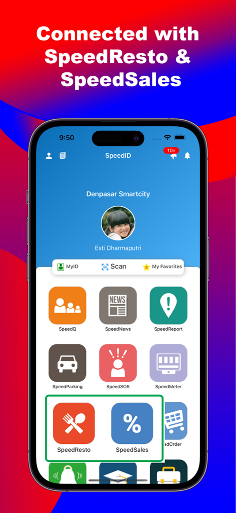 Dashboard dell'app SpeedID che mostra vari servizi smart city come SpeedResto e SpeedSales