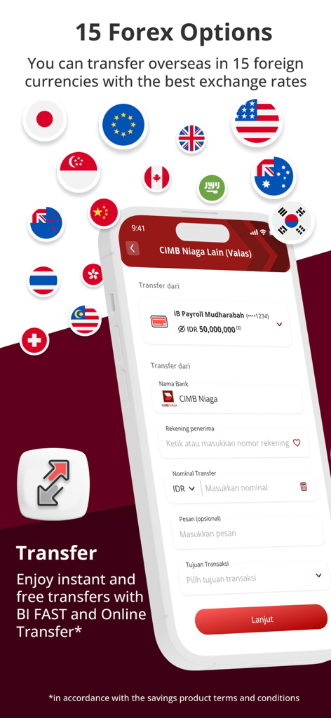 OCTO by CIMB Niaga - OCTO by CIMB Niaga App-Oberfläche, die internationale Geldtransferoptionen mit 15 Fremdwährungen anzeigt