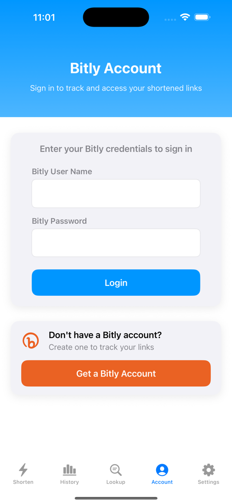 Tela de login do aplicativo Shortly para integração de conta Bitly