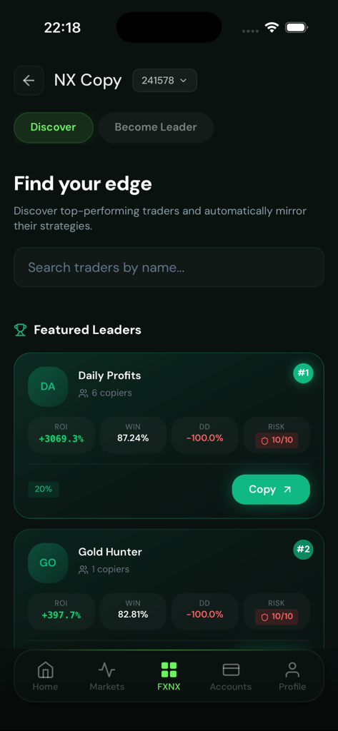 FXNX - FXNX app screen showing top traders to copy and their performance stats
