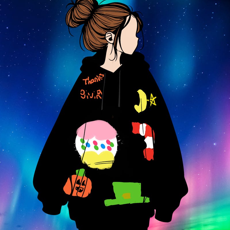 realistic girl with a oversized sweatshirt on and a bun