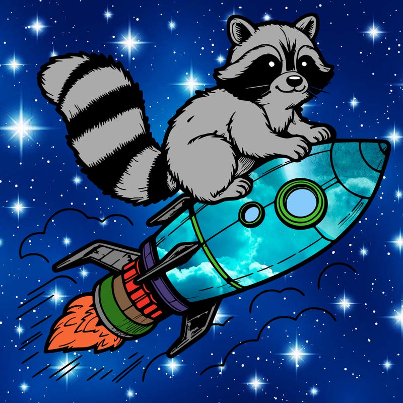 realistic raccoon flying on top rocket ship