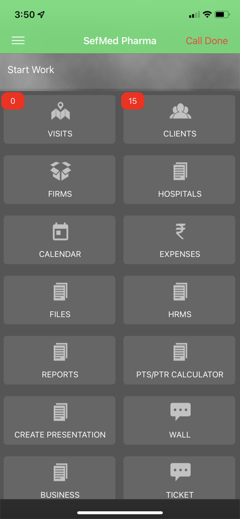 Sefmed Pharma - Sefmed Pharma app dashboard showing modules for visits clients hospitals and sales reporting