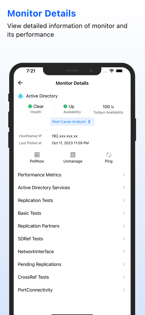 Active Directory monitor details showing health and availability status in the Applications Manager app