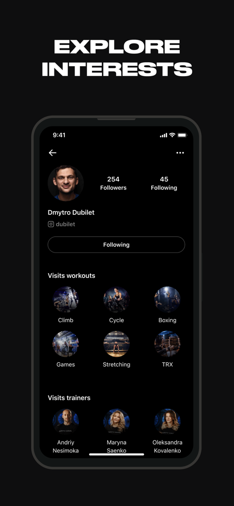 Smartass - Smartass app user profile displaying workout interests and preferred trainers