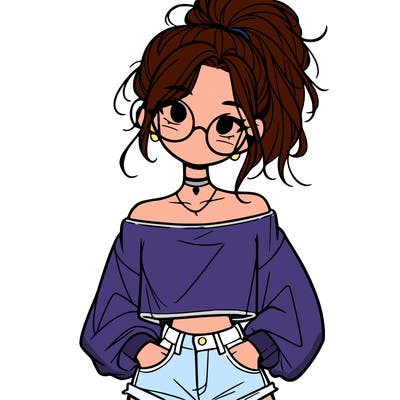 girl with a messy ponytail glasses a baggy crop top and jean shorts