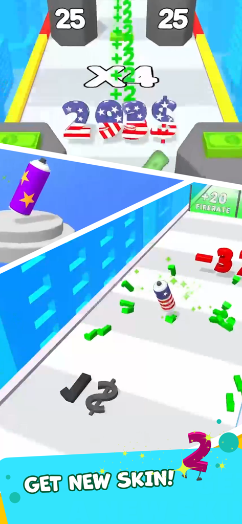Digit Shooter gameplay showing multiplier gates and different projectile skins