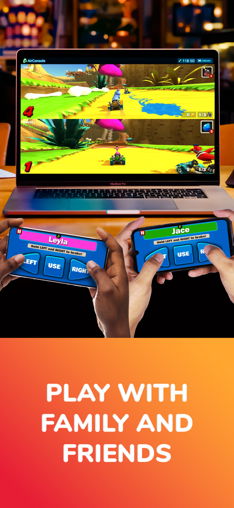 Two people playing a multiplayer kart racing game on a laptop using their smartphones as controllers