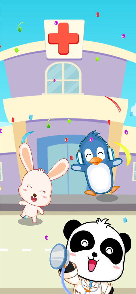 Baby Panda's Hospital - 만화 병원 건물 앞에서 동물 친구들과 함께하는 아기 판다 의사