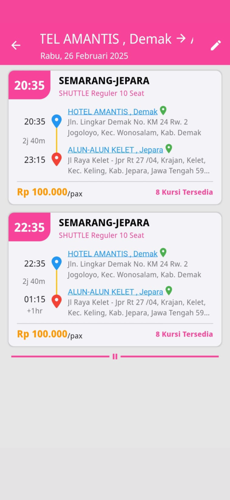 Cahaya Shuttle - List of available shuttle schedules and ticket prices in the Cahaya Shuttle app.