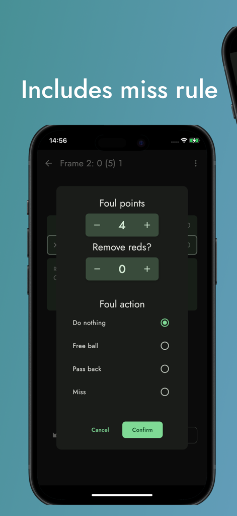SnookerMate Snooker Scoreboard - SnookerMate app screen for configuring foul points and the miss rule during a match.