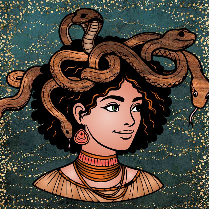 realistic woman snakes on head